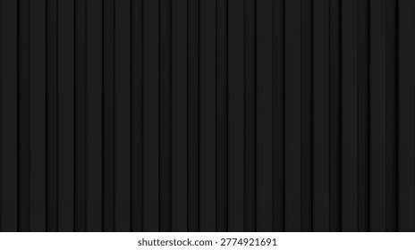 Black corrugated metal background or texture. Shipping container wall. Seamless aluminum wall pattern. Steel or plastic panel for roof. Vertical siding pattern. Realistic vector illustration