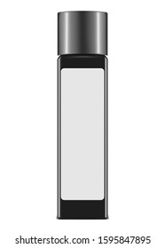 Black cosmetic bottle with cap and white blank label - front view, vector mockup. Beauty grooming product packaging container, template.