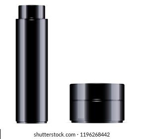 Black cosmetic bottle for facial toner, hair shampoo or shower gel and cream jar set. Vector design template. Cosmetics packaging mockup. Realistic 3d illustration.