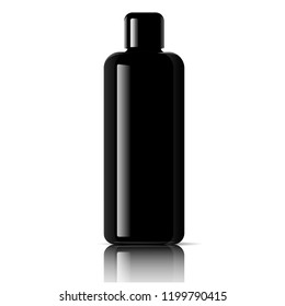 Black cosmetic bottle for facial toner, hair shampoo or shower gel. Vector design template. Cosmetics packaging mockup. Realistic 3d illustration.