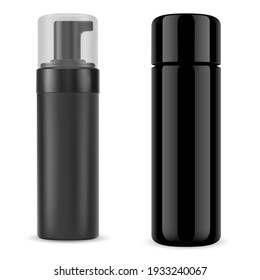 Black cosmetic bottle mockup. Pump package, spray tube. Men shampoo bottle, lastic container design.Liquid moisturizer glossy package, realistic illustration. body careliquid soap