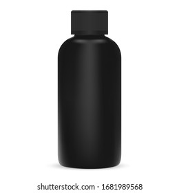 Black cosmetic bottle. Plastic shampoo package blank. Empty bath shower package mockup. Medical product container design