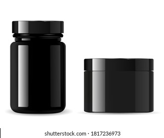 Black cosmetic bottle set. Cream jar vector mockup. Glossy glass container for powder or wax. Sport supplement packaging blank for whey protein powder. Plastic can, isolated