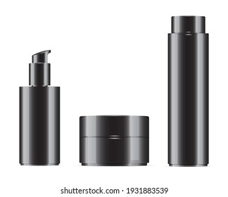 Black cosmetic bottle set. Cream jar, pump bottle, shampoo bottle. Realistic packaging for luxury beauty care product, soap dispenser, shower lotion or milk container collection, 3d template