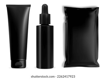 Modelación del vector de la botella cosmética negra. Paquete de belleza de plantilla de cuentagotas séricas, embalaje de mascarilla facial y tubo de crema para diseño de etiquetas y logotipo. Ilustración realista en blanco del sobre del aceite