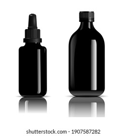Black cosmetic bottle. Vector serum dropper mockup. E liquid juice. Luxury organic tincture packaging isolated on background. Medical syrup container, beauty flask. Oil vial mock up
