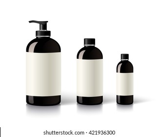 Black cosmetic bottles isolated on white, mockup