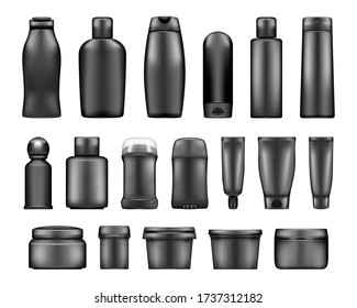 Black cosmetic bottles mockups: lotion cream, deodorant, shampoo, toothpaste, gel. Plastic package design. Cosmetic, hygiene, skincare template. Vector 3D illustrations isolated on white background