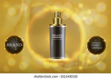 Black cosmetic container with advertising background ready to use, luxury skin care ad design. illustration vector.