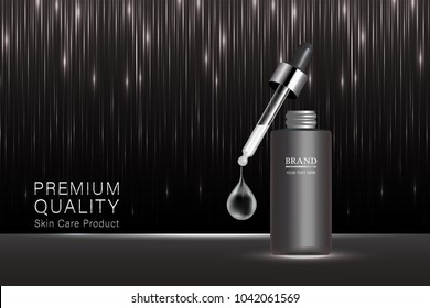 Black cosmetic container with advertising background ready to use, luxury skin care ad. vector illustration.