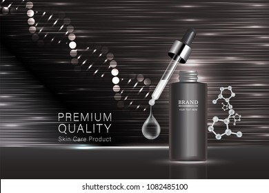 Black cosmetic container with advertising background ready to use, luxury skin care ad, illustration vector.