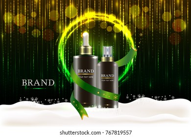 Black cosmetic containers with advertising background ready to use, holiday concept skin care ad design. Illustration vector.