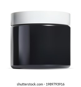 Black cosmetic cream jar. Gloss pot white plastic cap. Makeup can sample, round face butter template 3d vector illustration mock up