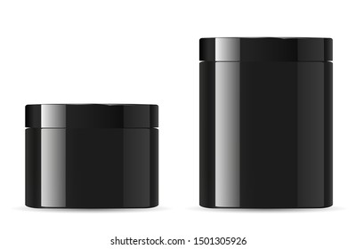 Black cosmetic cream jar mockup. Glossy Packaging. Modern plastic bottle with glioss for face lotion, powder. 3d glass blank. Beauty wax clean premium box for advertising. Charcoal mask mock up