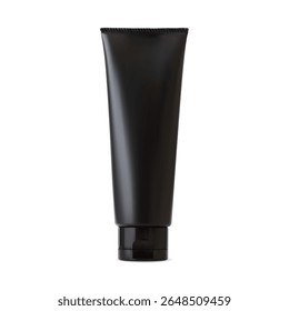 Black cosmetic cream tube blank, men care lotion package template. Luxury man hygiene product design, shave moisturizer tube. Natural spa treatment, realistic black plastic jar