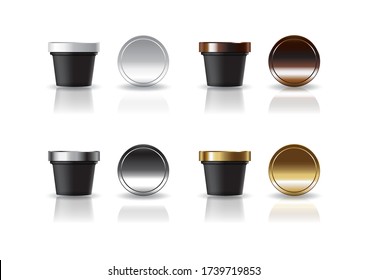 Black cosmetic or food round cup with 4 colors white-brown-silver-gold lid mock up template. Isolated on white background with reflection shadow. Ready to use for package design. Vector illustration.