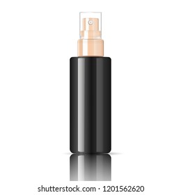 Black cosmetic glossy plastic or glass bottle with dispenser spray pump. Sprayer Liquid container for gel, lotion, cream, serum, base. Beauty cosmetics product package. Vector illustration.