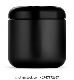 Black cosmetic jar. Plastic cream container mockup. Supplement powder canister