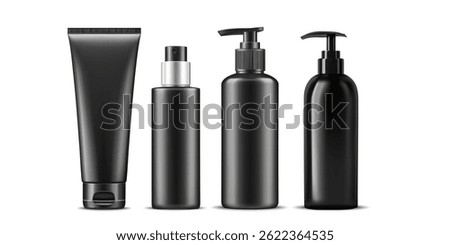 Black cosmetic packaging set mock-up isolated on white background. 3D vector