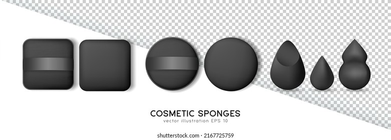 Black cosmetic sponges for apply make up. Set of square and round powder puffs and beauty blender different shapes  isolated on transparent and white background. Realistic makeup items template