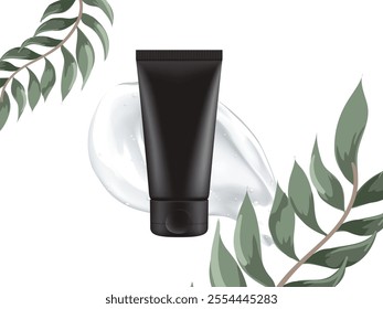 Black cosmetic tube with clear gel surrounded by green leaves, highlighting natural skincare.