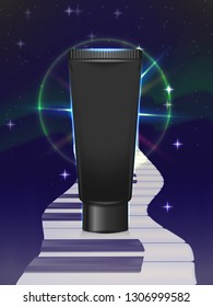 black cosmetic tube in radiance. against the starry sky. the track of the piano keys. design of cosmetic products