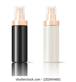 Black cosmetics bottle can sprayer container in realistic glossy glass or plastic material. Atomizer dispenser spray mockup template for cream, emulsion, and other cosmetics or medical products.