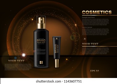 Black cosmetics bottles Vector realistic. Product packaging mock up. Golden shiny background bokeh effect. 3d detailed illustrations