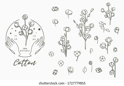 Black cotton collection with leaves,geometric.Vector illustration for icon,sticker,printable and tattoo