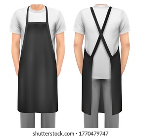 Black cotton kitchen apron set. Design template, mock up for branding, advertising etc. Vector illustration. 