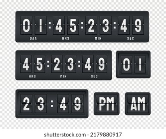 Black countdown board set. Timer counting days, hours, minutes and seconds. Device on copy space. Design element for website. Realistic 3D vector illustration isolated on transparent background