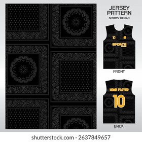 Black country handkerchief pattern design, illustration, textile background for sports t-shirt, football jersey shirt mockup for football club. consistent front view