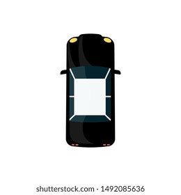 Black coupe car in top view isolated on white background, cartoon flat automobile in dark color with light roof. City sedan drawing seen from above - vector illustration