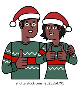a black couple in Christmas sweaters giving a thumbs up