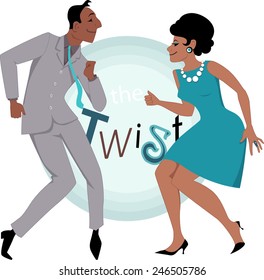 Black couple, dressed in late 1950s early 1960s fashion dancing twist, vector illustration, no transparencies, EPS 8