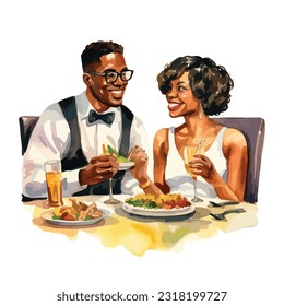 Black couple have a fancy valentine dinner date in watercolor illustration