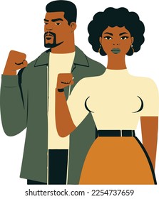 A black couple holding their fists up in the air for black history month vector art illustration