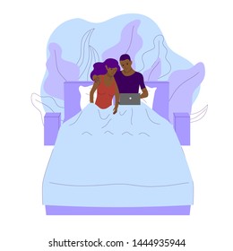Black couple is laying under a blanket on a bed and watching movie on laptop. Isolated on white background. Flat style stock vector illustration banner.