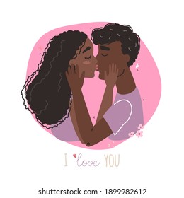 Black couple in love clipart. Vector valentine card with cute characters. Lovers black african american man and woman hug.