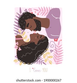 Black couple in love clipart. Vector valentine card with cute characters. Lovers black african american man and woman hug.