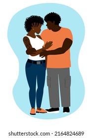 Black Couple In Love Embracing Together. African American Man And Woman In Love. Romantic Date. Enamored Pair. Vector Illustration