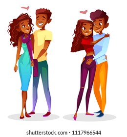 Black couple in love vector illustration of young Afro American teen boy and girl in romance or dating. Cartoon characters of man and woman looking in eyes, embracing or holding hands together