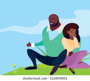 black couple seated in the field vector illustration design
