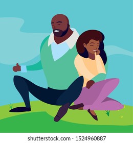black couple seated in the field vector illustration design