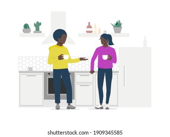 The Black Couple Is Talking In The Kitchen.  Young People Drink And Have A Small Talk And A Friendly Conversation. Vector Illustration.