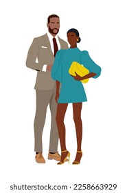 Black Couple in trendy evening, cocktail, party clothes vector realistic illustration isolated on white. Stylish man and woman ready to formal event, celebration. Fashionable pair in elegant wear.