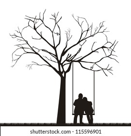black couple under tree over swing. vector illustration