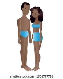 Black couple in underwear side view. People in full growth hold hands. Cute gradient characters.