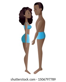 Black couple in underwear side view. People in full growth show tenderness. Cute gradient characters.
