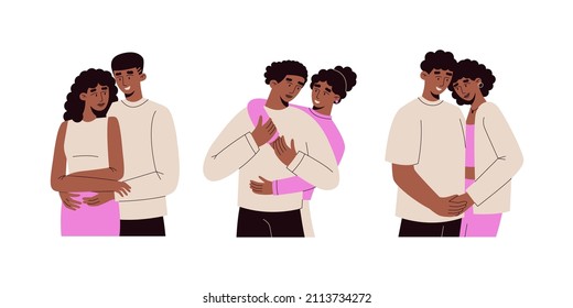 Las parejas negras abrazan el set. Colección de mujeres y hombres felices enamorados. Relación romántica. Ilustración plana vectorial aislada en el fondo blanco.
